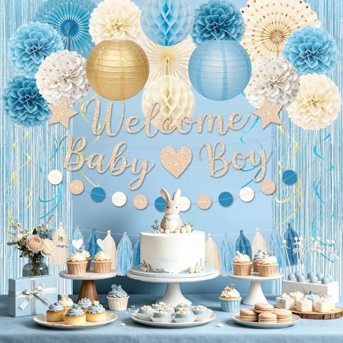 Dusty Blue Baby Shower Decorations with Banner Fringe Curtains - Image 7
