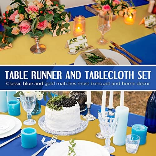 Breling 8 Pack Navy Blue and Gold Tablecloths and Satin Runners Set - Image 5