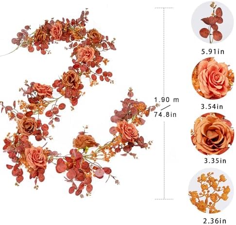 Anna's Whimsy 5.91FT Artificial Eucalyptus Garland with Flowers, Fall Decor Fake Rose Gypsophila Garland, Fall Flower Faux Floral Garlands for Wedding Home Party Table Runner(Orange, 1) - Image 2