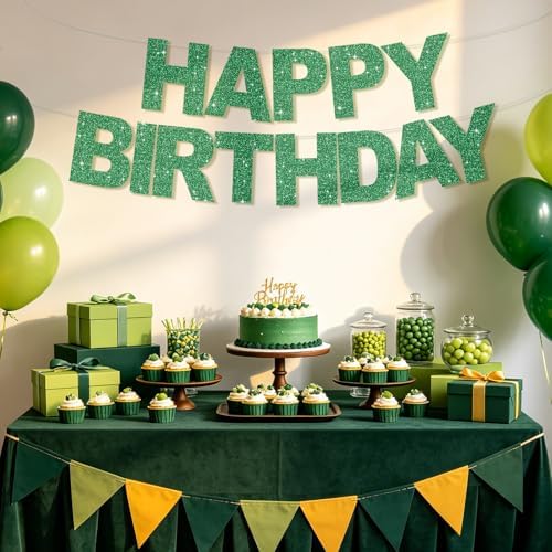 BEISHIDA Pre-Strung Glitter Green Happy Birthday Banner Party Sign Decor - Image 5