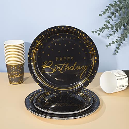 175PCS Happy Birthday Disposable Dinnerware Set Party Supplies, Paper Black Gold Plates and Napkins with Gold Plastic Forks Knives Spoons Serve 25 Guests for Birthday Party Decoration - Image 5