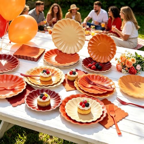 128Pcs Orange and Burgundy Plates and Napkins Party Supplies,Yellow Fall Color Disposable 7&9" Scalloped Paper Plates Napkins Forks Tableware for Fall Wedding,Birthday,Bridal Shower,Thanksgiving - Image 5
