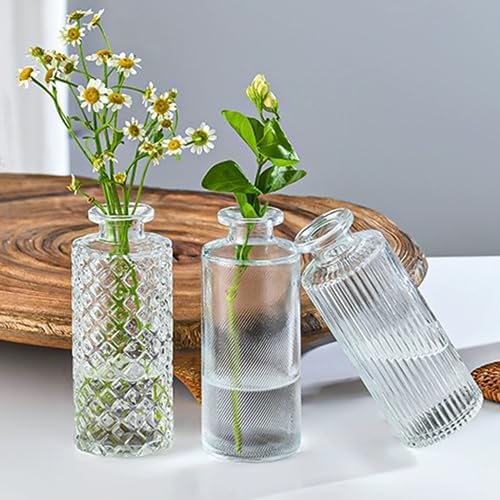 Glass Bud Vase Set in Bulk, 9pcs Mini Vintage Flower Vases for Wedding, Clear Relief Vase for Centerpieces,Home Table Flower Decor, Party Decorations - Image 6