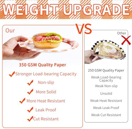 96Pcs Orange Gingham Party Supplies 350GSM Disposable Orange and White Buffalo Checked Paper Plates and Napkins Fall Tableware Set for Thanksgiving BBQ Picnic Baby Shower Birthday Party Decor Serves24 - Image 3