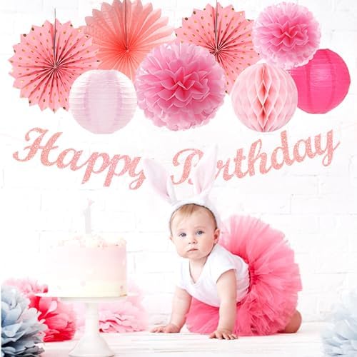 Light Hot Pink Birthday Party-Decorations - 21pcs Girl Happy Banner,Paper Lanterns Honeycomb,Tissue Pom Poms Flower Fan,Hanging Streamers Garland,18th 21st 30th Women Birthday Decor Supplies Huglony - Image 6