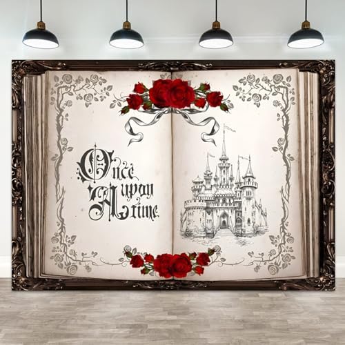 12x10ft Once Upon a Time Backdrop Princess Castle Wedding Party Photography Background Fairytale Book Romantic Story Red Roses Bridal Shower Decorations Birthday Portrait Photo Booth Prop by ASDCXZ