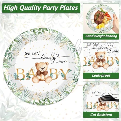 Naozinebi 200PCS Sage Green Bear Baby Shower Decoration Teddy Plates Napkins We Can Bearly Wait Paper Plates Greenery Bear Party Tableware Set for Gender Reveal Neutral Party Decor Supplies Serves 50 - Image 3