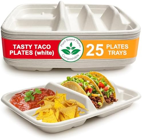 White Disposable Taco Plates for 2 Tacos & 2 Sides – 25 PACK | Premium Paper Plates with Dividers, Fiesta Taco Holder, Taco Stand for Taco Tuesday & Taco Bar Serving Set Taco Plates (25 Plates, White) by TastyTaco