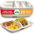 White Disposable Taco Plates for 2 Tacos & 2 Sides – 25 PACK | Premium Paper Plates with Dividers, Fiesta Taco Holder, Taco Stand for Taco Tuesday & Taco Bar Serving Set Taco Plates (25 Plates, White) by TastyTaco