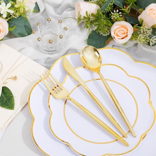 ejonirinjonir 180pcs Double Gold Trim White Plastic Plates for Wedding Gala - Image 2