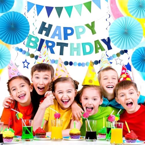 CANREVEL 17 PCS Pre-Strung 3D Blue Happy Birthday Banner, Blue Streamers - Image 6