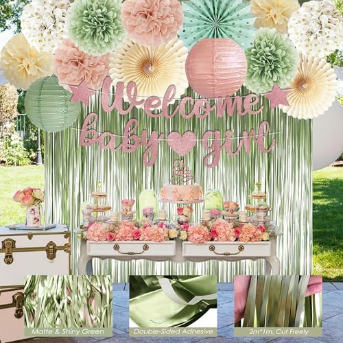 Dusty Pink Sage Green Baby Shower Decorations - Welcome Baby Girl Banner, Retro Pink Green Rosegold Balloons, 'Oh Baby' Cake Topper, Pom Poms Flowers Paper Fan For Birthday Jungle Woodland Party - Image 3