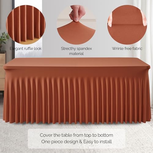Wish Care 2 Pack Rust Spandex Table Clothes for 8 Foot Rectangle Tables, 8FT Wrinkle Free Fitted Tablecloths Ruffles Design Table Cloth for Party, Banquet, Wedding and Events - Image 3