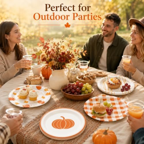 48 PCS Fall Paper Plates 7 inch, Pumpkin Orange Gingham Party Plates Disposable Cake Dessert Plate for Autumn Theme Harvest Thanksgiving Party Decorations (Fall) - Image 7