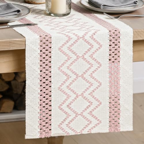 Artoid Mode Pink Stripe Diamond Woven Table Runner 12x72 Inch by ArtoidMode