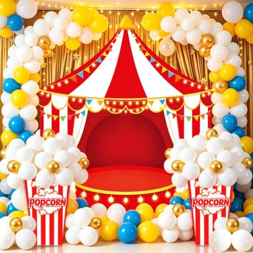 104 PCS Carnival Circus Party Decorations Set Backdrop, Includes Red White Tent Photo Background, Popcorn Boxes with 101 Balloon Kit, Carnival Theme Birthday Party Decor Supplies by Unknown