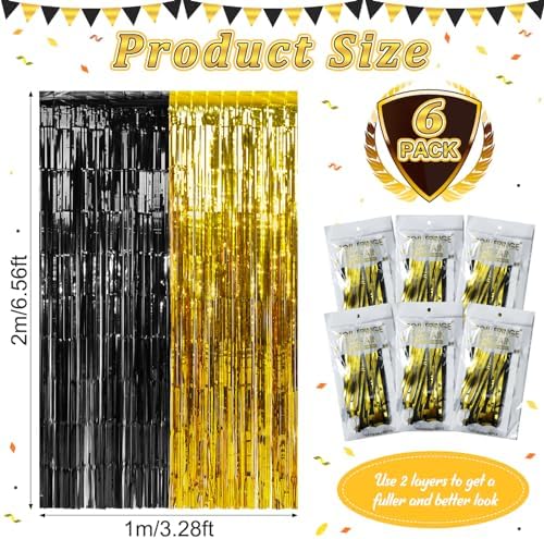 6Pack 3.3Ft x 6.6Ft Graduation Foil Fringe Curtain Backdrop Decorations, Black Gold Metallic Tinsel Foil Streamers Curtain Photo Booth Background for Graduation Prom Wedding Birthday Party Decorations - Image 3