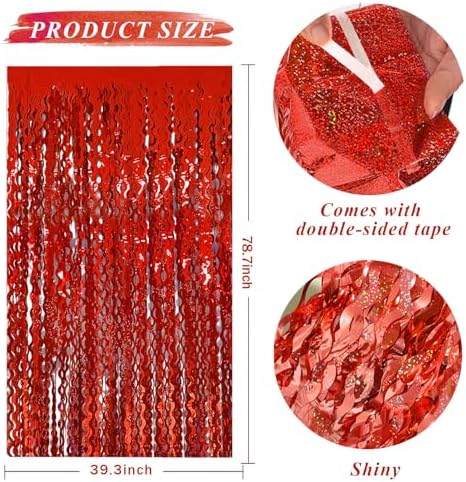 BOMSI Red Tinsel Foil Fringe Curtains Wavy Backdrop for Parties Sparkle Metallic Wavy Foil Fringe Backdrop Curtain for Party Decorations Photo Booth Props Birthday Graduation Wedding Valentines Decor - Image 2
