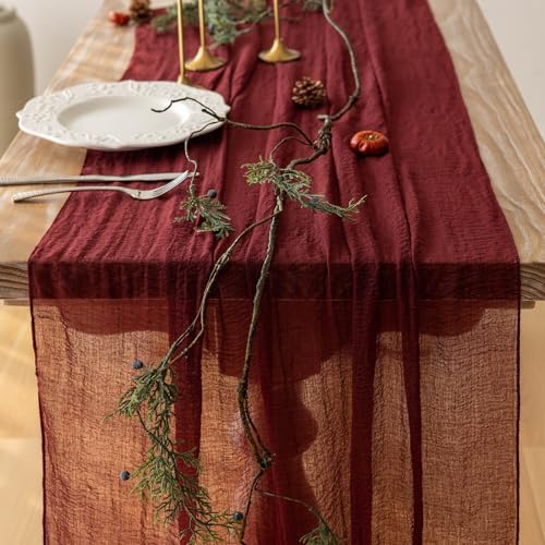 3Pcs Burgundy Cheesecloth Table Runner 120 Inches for Chirstmas Home Decor - Image 4