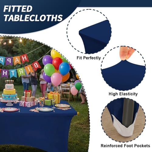 Fixwal 2 Pack 6FT Navy Blue Tablecloth Rectangle Spandex Table Cover - Image 4