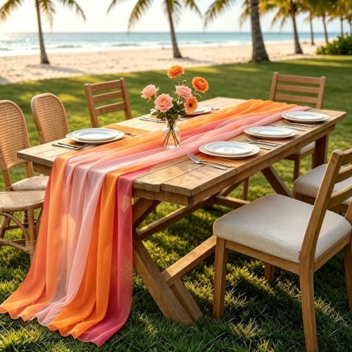 8 Pcs Pink and Orange Party Decorations, 10Ft Chiffon Table Runner Cloth, Boho Sunset Party Decorations for Wedding Table Bridal Shower Birthday Graduation Parties Supplies by woodounai