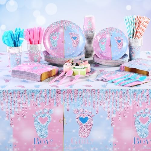 Funnymoom 452 Pcs Gender Reveal Party Decoration for 50 Guests, Boy or Girl Paper Plates and Napkins Cups Tablecloth Cutlery Disposable Tableware Set for Gender Reveal Party Supplies - Image 6
