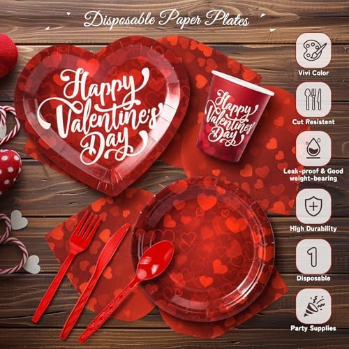 183PCS Happy Valentine's Day Party Supplies,Red Love Heart Disposable Paper Plate Napkin Cup Cutlery for 24 Guest,Banner Tablecloth Balloons for Galentines Anniversary Bridal Wedding Engagement Decor - Image 3