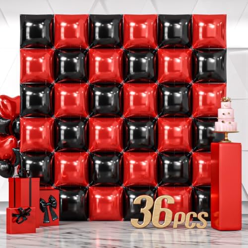 NISOCY 36PCS Red and Black Square Foil Balloons Wall Backdrop by NISOCY