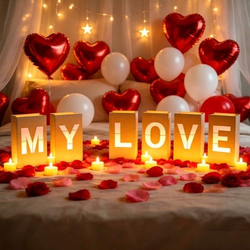 MY LOVE Light Up Letters, with Tea Lights Candles, Rose Petals, Pearlescent Foil Balloons - Luminary Paper Bags, Anniversary Decorations and Valentines' Day Decorations for Your Loved One - Image 2