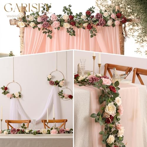 2Pcs Garisey 5FT Dusty Rose Artificial Flower Garland Blush Rose Floral Garland Arch Rose Vine for Wedding Ceremony Party Backdrop Decor Arch Flowers Mantel Table Centerpieces Decorations, Burgundy - Image 2