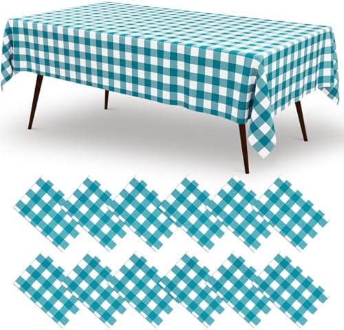misaya 12 PCS Turquoise White Buffalo Plaid Plastic Disposable Table Cloth by misaya