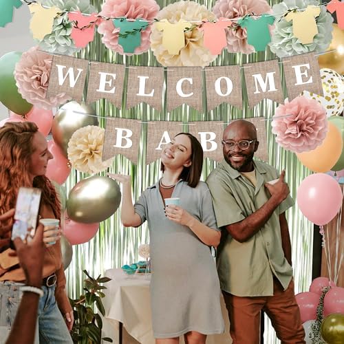 Pink Green Baby Shower Decorations Girls with Welcome Baby Banner, Paper Pom Poms, Sweet-Girl Baby Cake Topper, Retro Olive Pink Metallic Balloon Décor for Easter Jungle Safari Fairy Baby Shower Party - Image 7