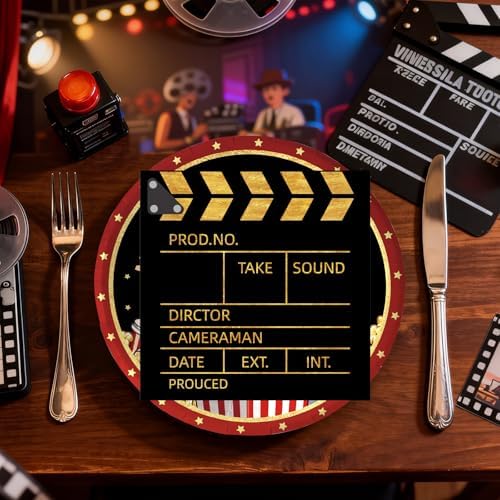 50Pcs Movie Night Plates and Napkins Party Supplies, Disposable Movie Theme Birthday Paper Plates Napkins Tableware Set for Film Action Lights Camera Popcorn Birthday Party Decorations (Movie Night) - Image 4
