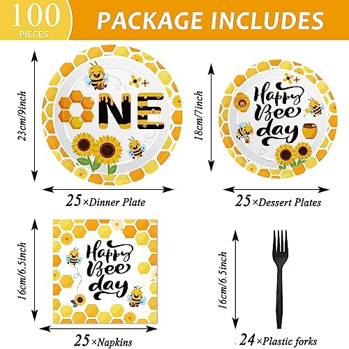 Qyeahkj 100 Pcs Bee 1st Birthday Party Supplies Paper Plates and Napkins Set Disposable Bee First Birthday Tableware Decorations for Bees Theme Baby Shower Serves 25 - Image 2