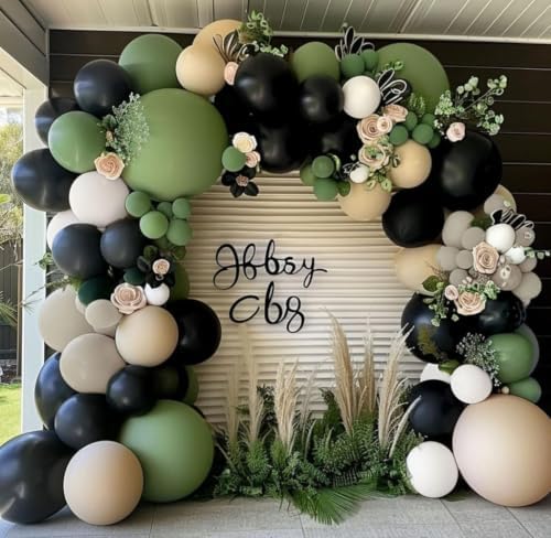Black Sage Green Nude Balloon Garland Double Stuffed Olive Green Sand White Balloon Avocado Apricot Black Latex Arch Kit for Jungle Safari Wild One Birthday Baby Shower Halloween Decorations by LUXURparty