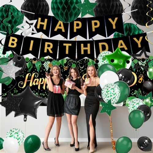 Green Black Birthday Decorations, Happy Birthday Banner, Backdrop, Balloons, Honeycomb Balls, Star Foil Balloons, Stars Hanging Swirls & Cake Topper for Baby Boys Girl Men Women Birthday Decoration - Image 5
