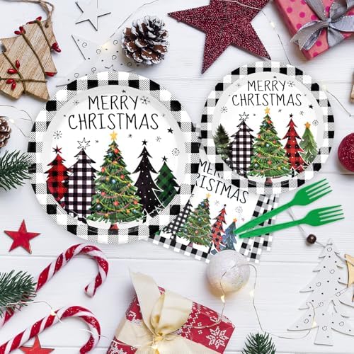 96 Pieces Christmas Tree Tableware Party Supplies – Black and White Buffalo Plaid Disposable Dinnerware with Paper Plates, Napkins, and Plastic Forks for Rustic Winter Celebration – Serves 24 - Image 4