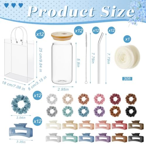 SiliFine 49 Pcs/12 Set Birthday Gifts for Girls, Muted Morandi Birthday Gifts for Girls Party Supplies, 12 Glass Cups, 12 Hair Band, 12 Hair Clip, 12 Tote Bag, 1 Ribbon for Women Spa Sleepover Slumber - Image 2