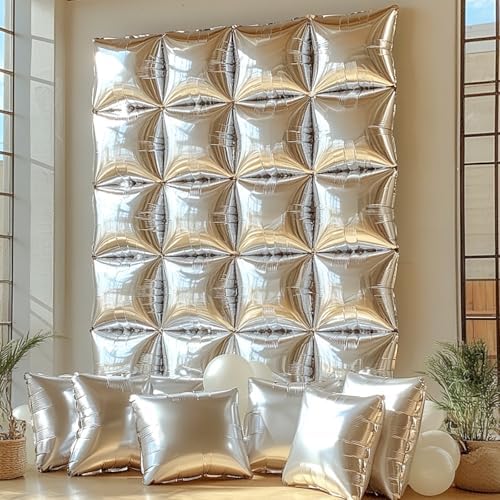 NISOCY 36PCS Metallic Silver Square Foil Balloons Wall Backdrop - Image 5