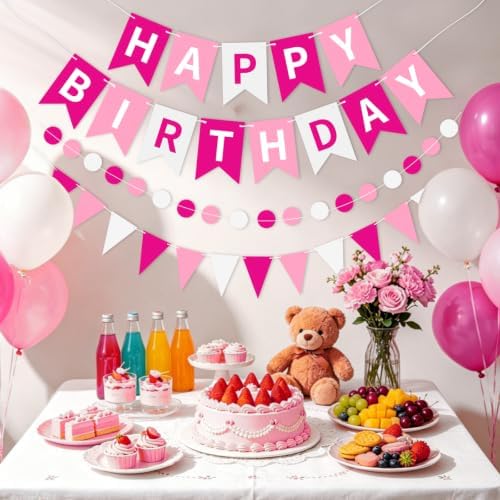 Pink White Happy Birthday Banner Hanging Sign Circle Dot Triangle Bunting - Image 2