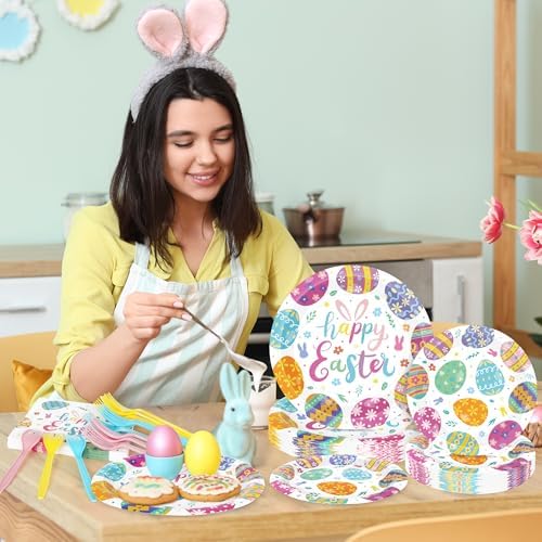 QZYL 96 Pcs Easter Plates and Napkins Set, 9 and 7 Inches Colorful Spring Egg Design Paper Plates Napkins Forks, Disposable Tableware for Easter Decoration Spring Picnic Supplies, Serve 24 Guests - Image 7