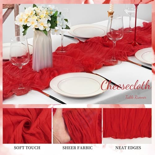 12 Pack Red 10FT Cheesecloth Table Runner Rustic Gauze Fabric Cheese Cloth Table Runner for Wedding Bridal Baby Shower Table Decor Boho Sheer Birthday Party Table Decorations 20 x 120 Inch Long - Image 3