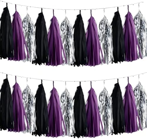We Moment Black,Purple and Silver Tassel Garland，Tissue Tassel Banner for Purple Black and Silver Birthday Party Decorations,Pack of 15 by We+Moment