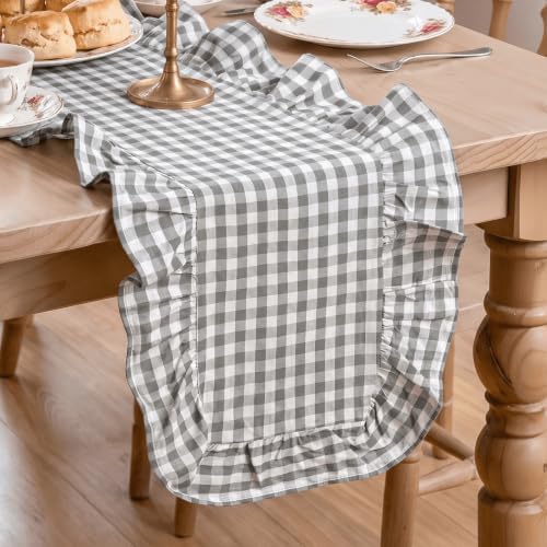 Artoid Mode Grey Farmhouse Plaid Gingham Ruffle Table Runner, Seasonal Scalloped Retro Kitchen Dining Table Decoration for Home Party Decor 13x72 Inch by ArtoidMode