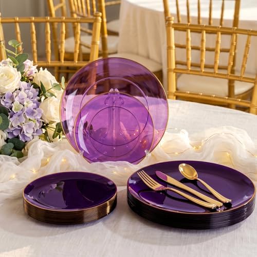YOUBET 125PCS Purple Plastic Plates with Gold Rim for Party Wedding - Image 5