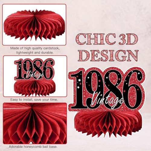 9Pcs 40th Birthday Decorations Red and Black 40th Birthday Party Decorations for Women,Happy 40 Years Vintage 1986 Aged Honeycomb Centerpieces Table Sign Decor Supplies - Image 3