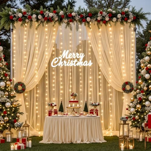 Champagne Tulle Backdrop Curtain with Lights String for Parites Wedding 5x8ft Champagne Sheer Backdrop Curtains for Bridal Shower Baby Shower Birthday Party Photo Booth Background Decorations - Image 5