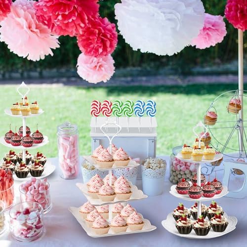 Mwellewm 10Pcs Cupcake Stand,Dessert Table Display Set, 4 White 3 Tired Cake Stand 6 Plastic Serving Trays for Party Cookie Rack Desert Tower Holder for Wedding Decor Baby Shower Tea Party Decorations - Image 3
