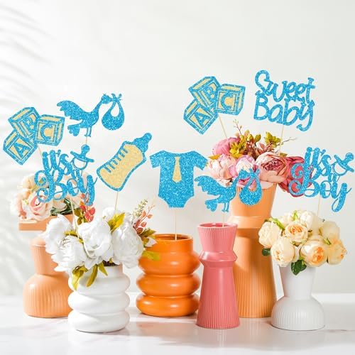 Gyufise 12Pcs Baby Shower Centerpiece Sticks Glitter Tie Onesie Love Heart Oh Baby Gender Reveal It's a Boy Table Centerpiece Sticks for Baby Shower Gender Reveal Kids Birthday Party Supplies Blue - Image 6