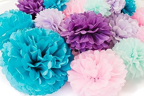 PapaKit 20pc Mermaid Purple Tissue Paper Pom Poms Set – Decorative Hanging Paper Flowers for Birthday Party, Baby Shower, Wedding, Bridal Shower, and Bachelorette Backdrop - Image 2